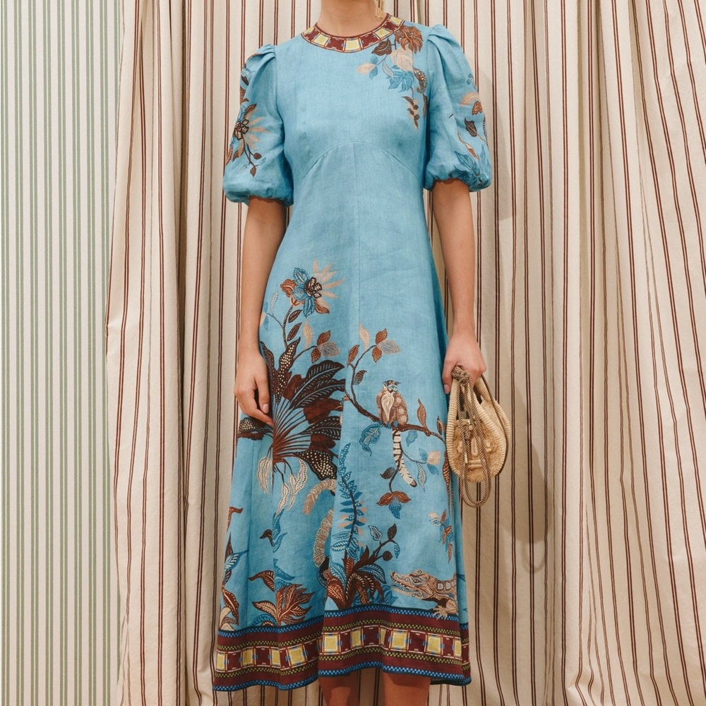 Alemais Georgie Blue Floral Puff-Sleeve Midi Dress